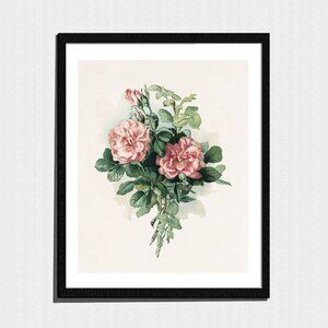 Art Print, Pink Flowers Green Leaf Victorian Botanical Painting